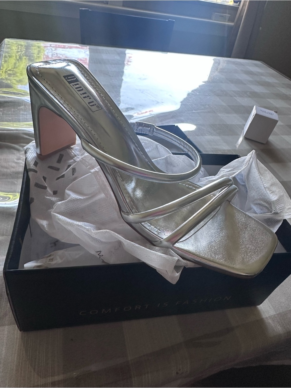 Silver Metallic Square-Toe Strappy Mule